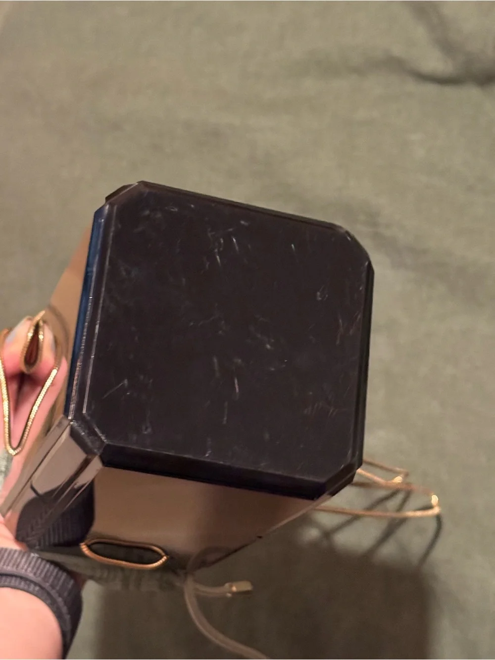 Zara Black Glossy Box Shoulder Bag with Olive Drawstring
